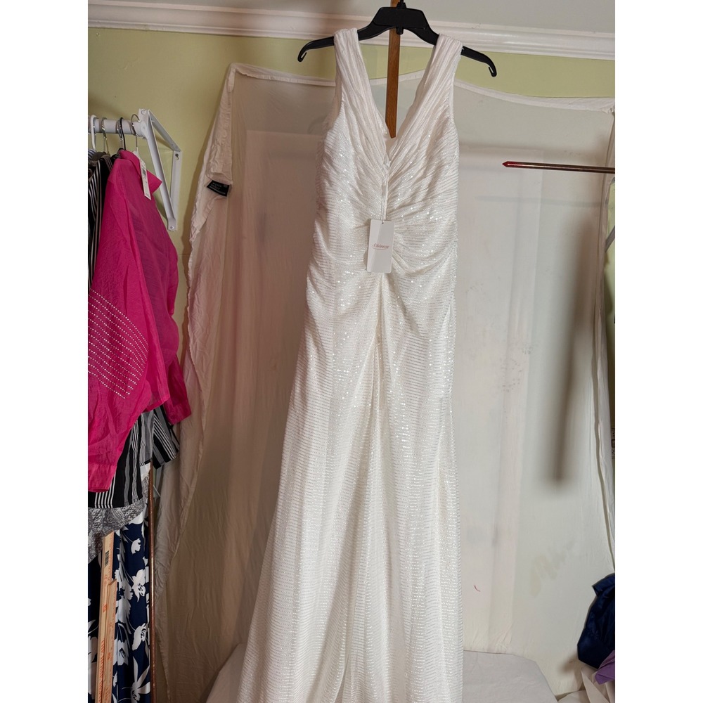 Weinaze White Sequin Ruched V-Neck Formal Evening Gown Dress Size‎ 14 NEW - Picture 3 of 6